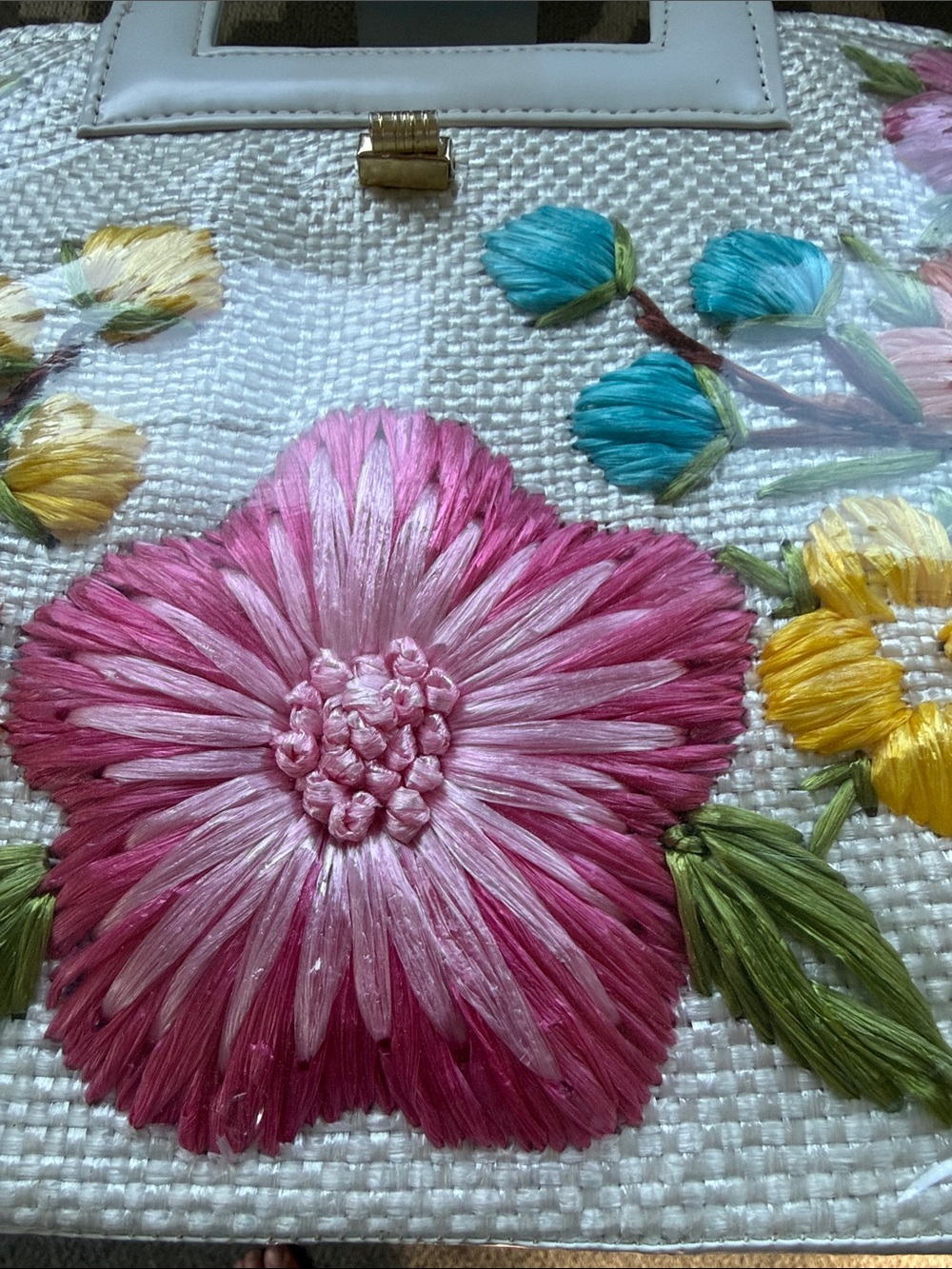 Vintage unused purse 1950’s 1960’s? White woven rafia, vinyl trim, floral - Picture 9 of 10